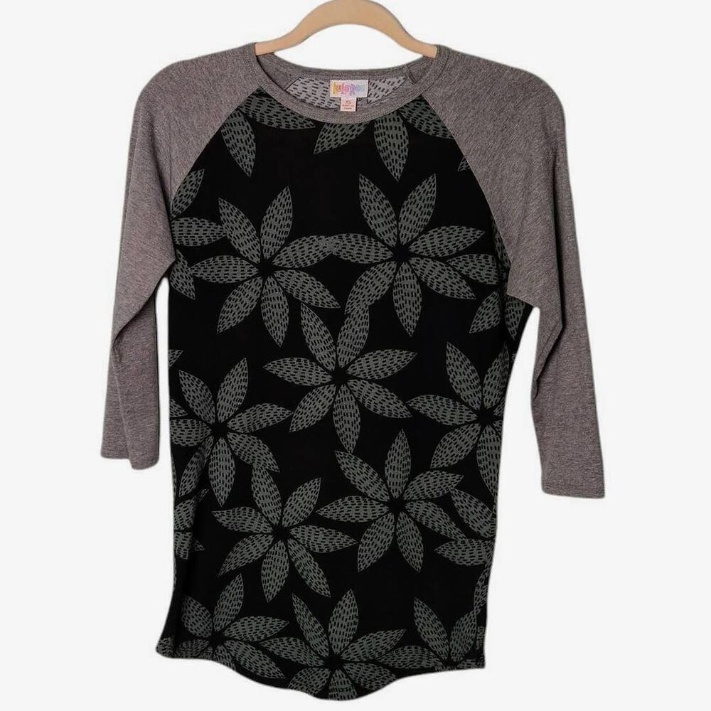 LULAROE Womens XS Black Gray Floral Print Randy Top Shirt Crew Neck 3/4 Sleeve